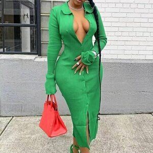 Micas Green Rib Knitted Collared Button Strips‎ Flared Dress Size Large RefI027
